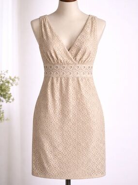 Max Studio Lace V-Neck Sheath Dress in Light Beige